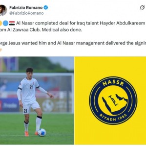 亚博体育官网-罗马诺：利雅得胜利将签下伊拉克中场海德尔·阿卜杜勒卡里姆
